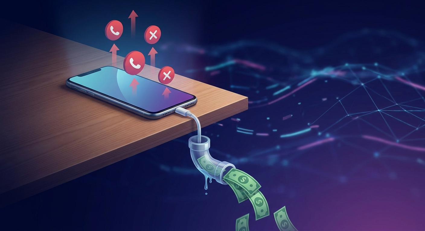Missed call revenue loss for HVAC and plumbing businesses - dollar bills falling through a phone line like a leaking pipe